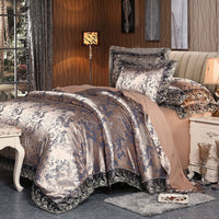 HKM-172691 Four-Piece Romantic Lace Cotton Bedding Set with Jacquard Satin Design