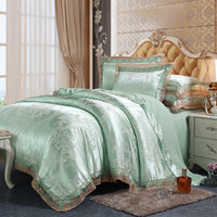 HKM-172691 Four-Piece Romantic Lace Cotton Bedding Set with Jacquard Satin Design