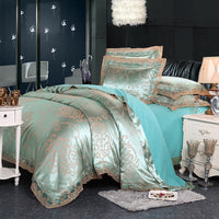 HKM-172691 Four-Piece Romantic Lace Cotton Bedding Set with Jacquard Satin Design