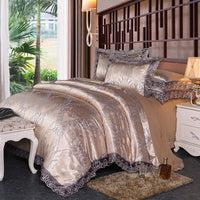 HKM-172691 Four-Piece Romantic Lace Cotton Bedding Set with Jacquard Satin Design
