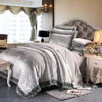 HKM-172691 Four-Piece Romantic Lace Cotton Bedding Set with Jacquard Satin Design