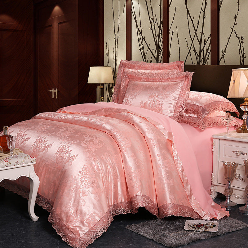 HKM-172691 Four-Piece Romantic Lace Cotton Bedding Set with Jacquard Satin Design