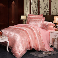 HKM-172691 Four-Piece Romantic Lace Cotton Bedding Set with Jacquard Satin Design