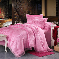 HKM-172691 Four-Piece Romantic Lace Cotton Bedding Set with Jacquard Satin Design