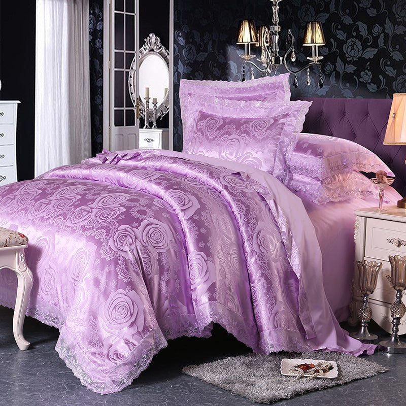 HKM-172691 Four-Piece Romantic Lace Cotton Bedding Set with Jacquard Satin Design