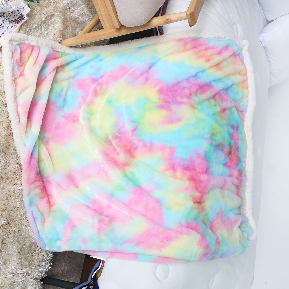 HKM-172691 Ultra Soft Rainbow Faux Fur Blanket – Microfiber Sherpa for Couch and Bed, 130x160cm/160x200cm