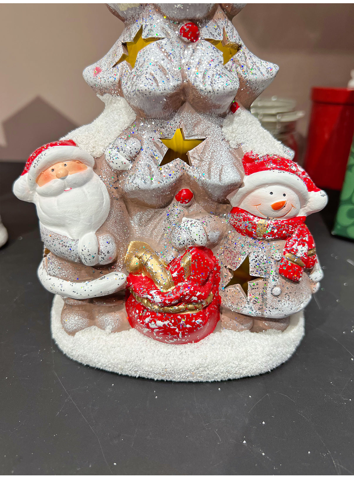 HKM-173651 Luminous Ceramic Christmas Snow House and Pine Ornaments - Festive Home Decor