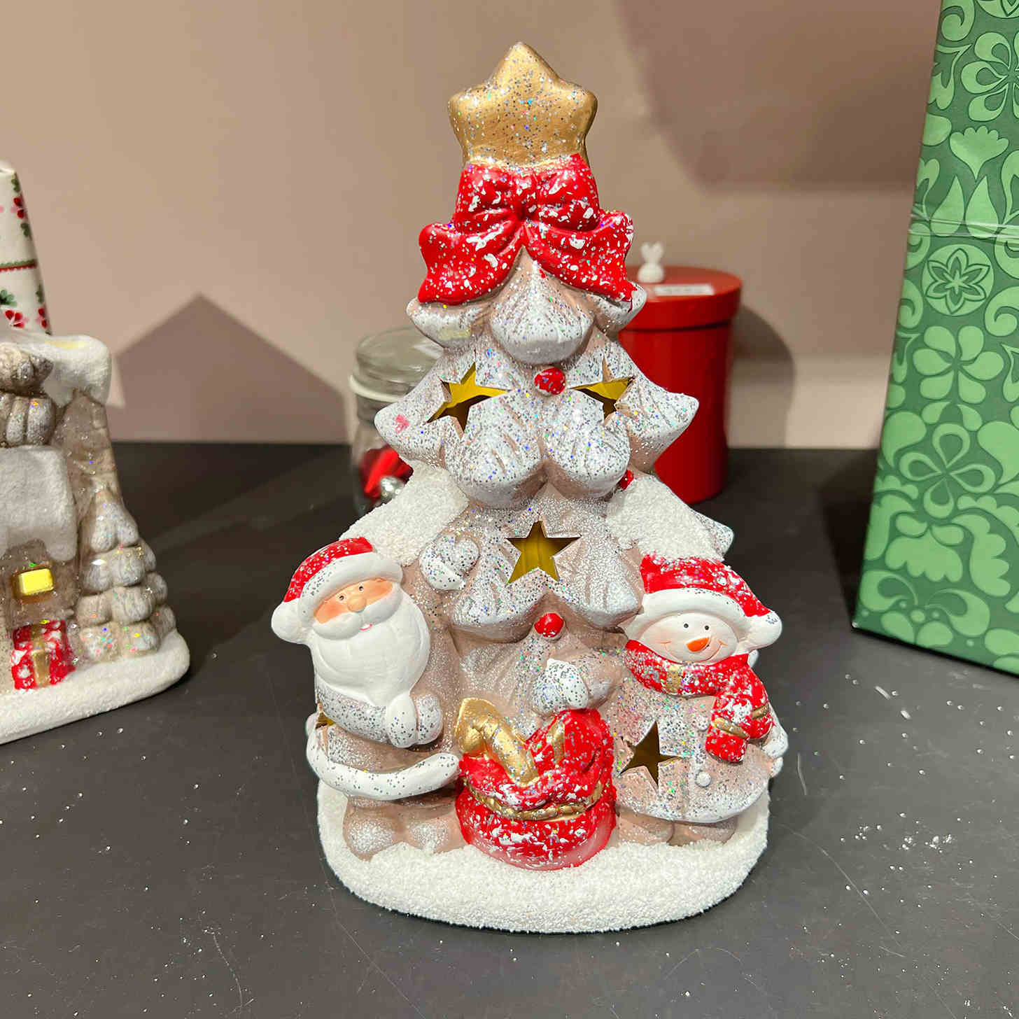 HKM-173651 Luminous Ceramic Christmas Snow House and Pine Ornaments - Festive Home Decor