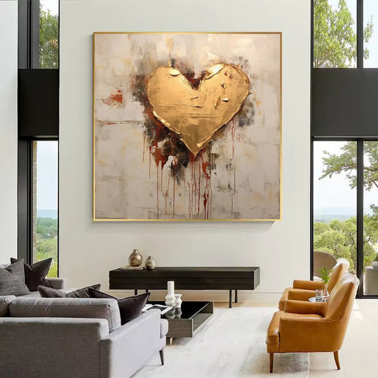 HKM-173779 Hand-Painted Abstract Canvas Oil Painting with Golden Foil Heart Design