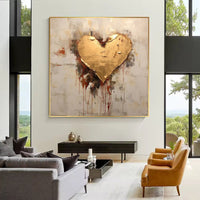 HKM-173779 Hand-Painted Abstract Canvas Oil Painting with Golden Foil Heart Design