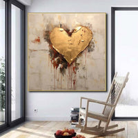 HKM-173779 Hand-Painted Abstract Canvas Oil Painting with Golden Foil Heart Design