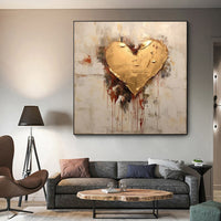 HKM-173779 Hand-Painted Abstract Canvas Oil Painting with Golden Foil Heart Design