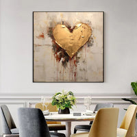 HKM-173779 Hand-Painted Abstract Canvas Oil Painting with Golden Foil Heart Design