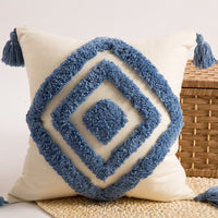 HKM-173971 Nordic Cotton Tufted Embroidered Square Pillow with Grid Pattern and Tassels, Available in Various Colors