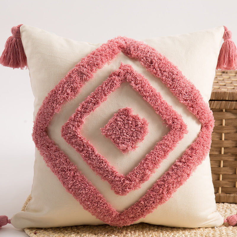 HKM-173971 Nordic Cotton Tufted Embroidered Square Pillow with Grid Pattern and Tassels, Available in Various Colors