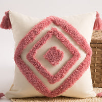HKM-173971 Nordic Cotton Tufted Embroidered Square Pillow with Grid Pattern and Tassels, Available in Various Colors