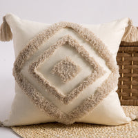 HKM-173971 Nordic Cotton Tufted Embroidered Square Pillow with Grid Pattern and Tassels, Available in Various Colors