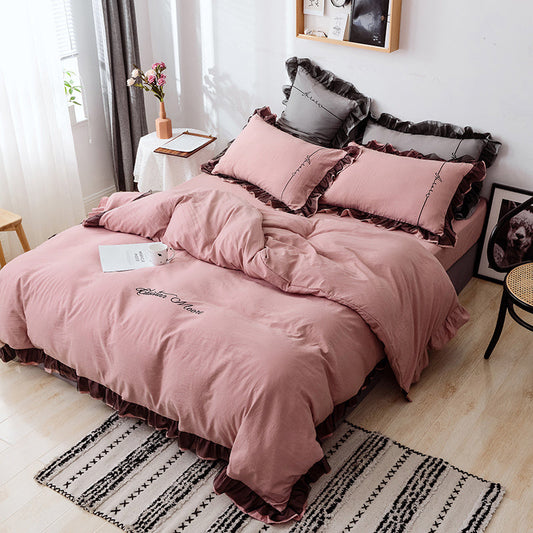 HKM-174163 Washed Cotton Four-Piece Brushed Bedding Set in Multiple Colors and Sizes