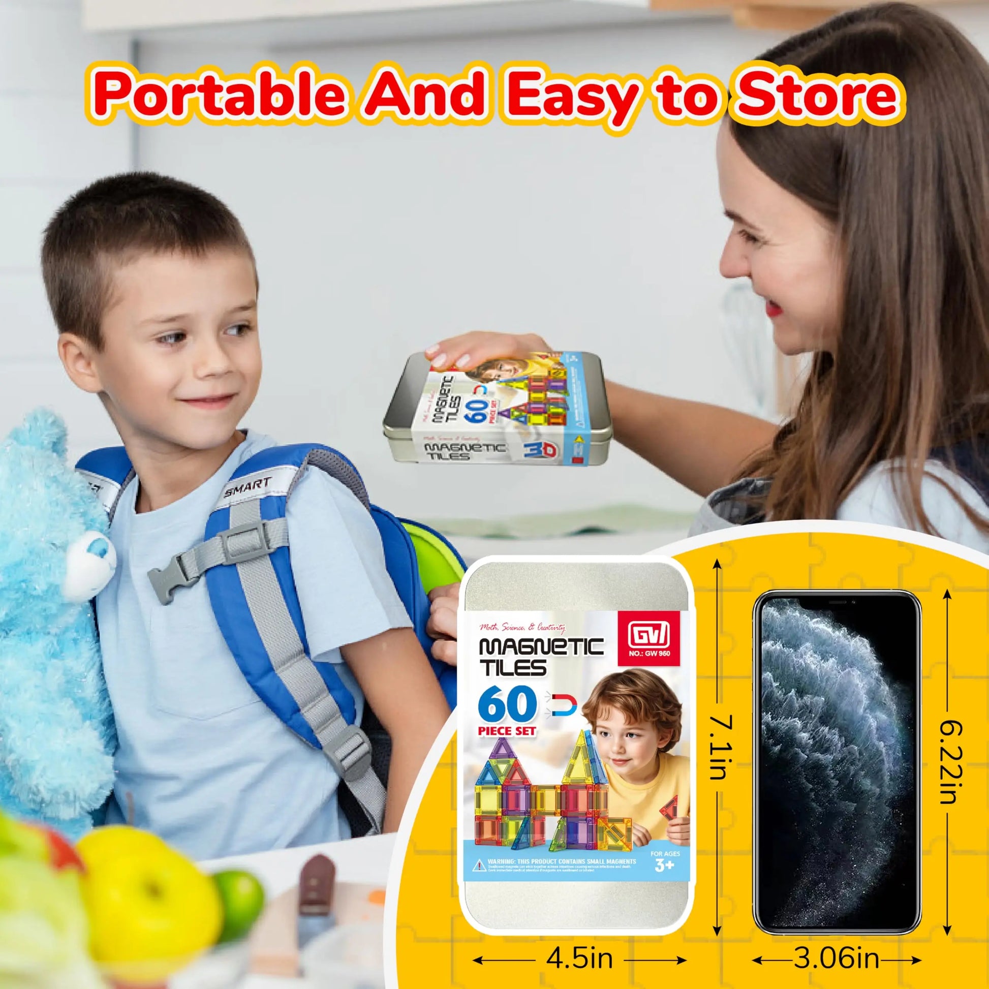 Educational Portable Magnetic Building Block Set - 60 Pieces with Travel Box for Ages 2 and Up