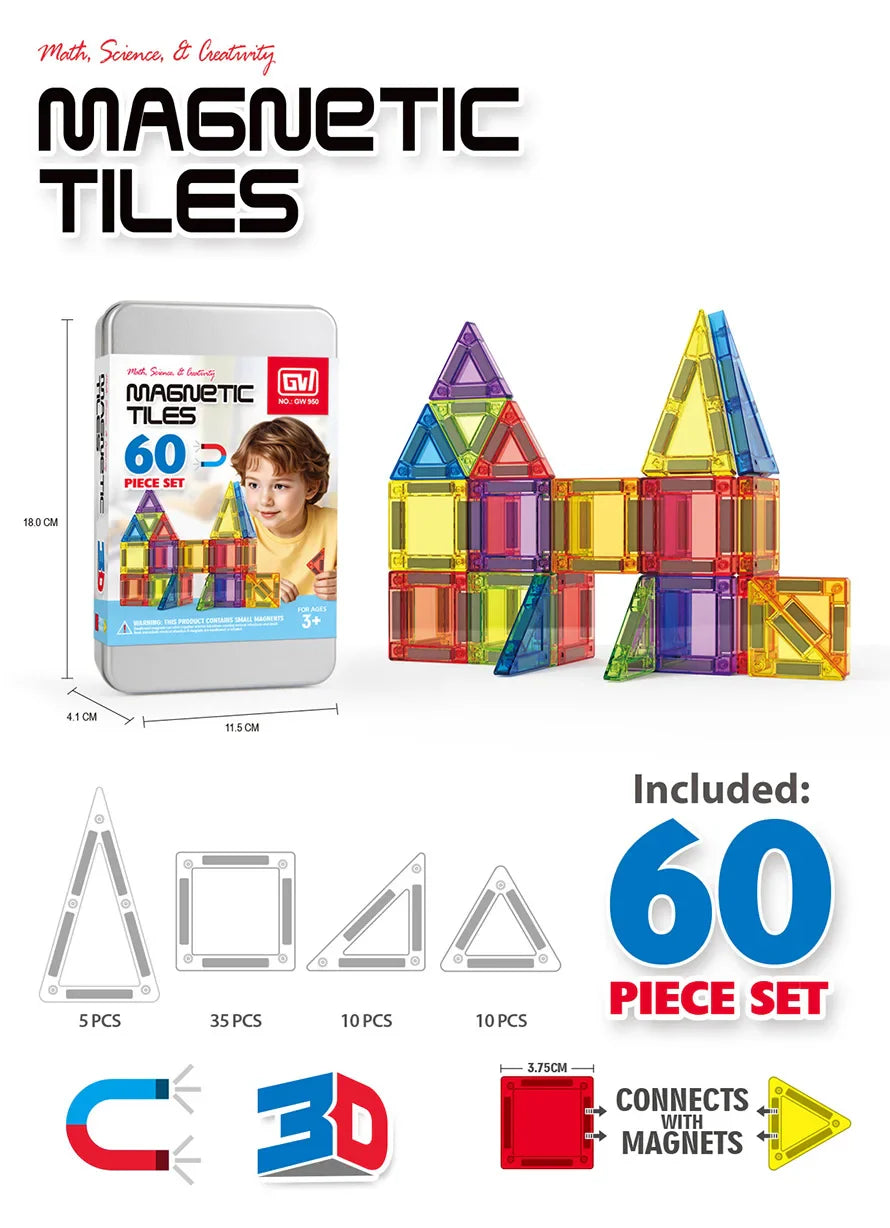 Educational Portable Magnetic Building Block Set - 60 Pieces with Travel Box for Ages 2 and Up