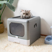 HKM-174675 Extra-Large Fully Enclosed Double-Door Cat Litter Basin with Shovel – Durable PE Material, 40x44x39CM