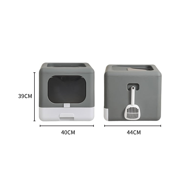 HKM-174675 Extra-Large Fully Enclosed Double-Door Cat Litter Basin with Shovel – Durable PE Material, 40x44x39CM