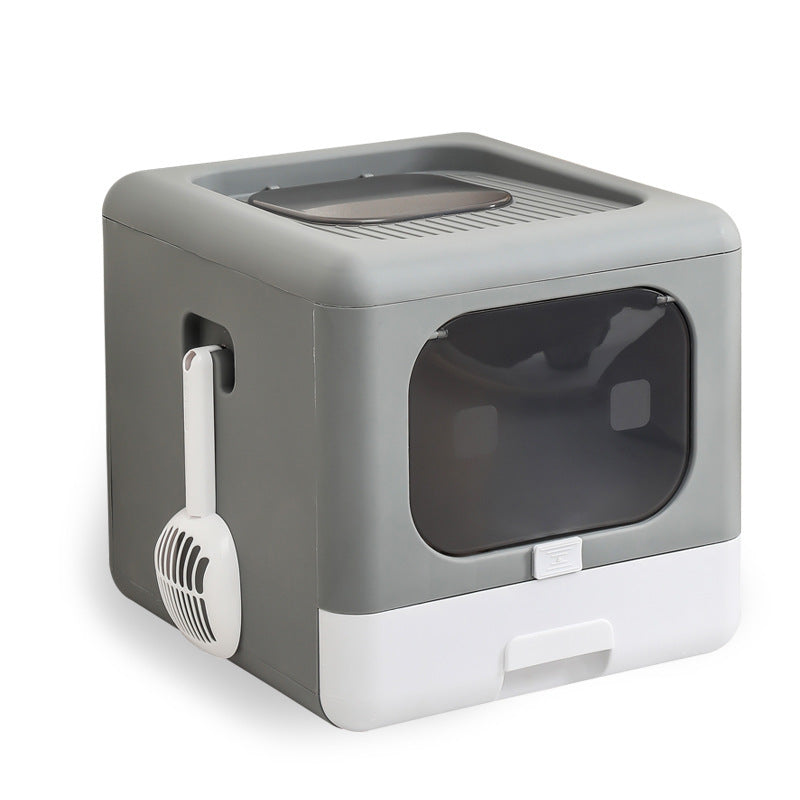 HKM-174675 Extra-Large Fully Enclosed Double-Door Cat Litter Basin with Shovel – Durable PE Material, 40x44x39CM