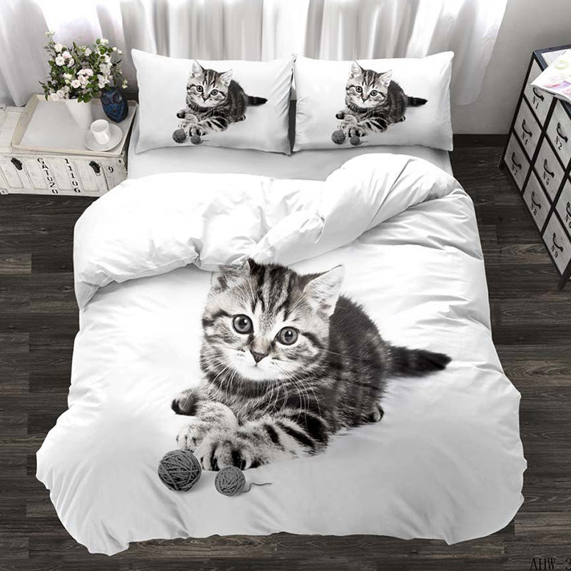 HKM-174803 Three-Piece Realistic Animal Quilt Cover Set for Cats and Dogs - Modern Polyester Bedding with Flower Design