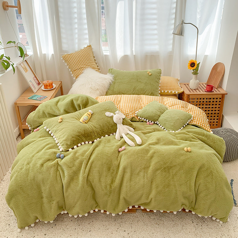 HKM-174995 Four-Piece Soft Rabbit Hair Plush Bed Set in Multiple Colors