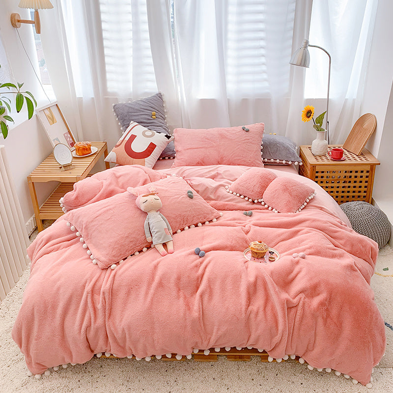 HKM-174995 Four-Piece Soft Rabbit Hair Plush Bed Set in Multiple Colors