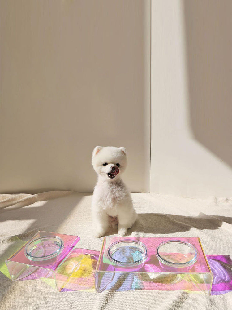 HKM-175507 Acrylic Rainbow Pet Feeder Bowl for Cats and Small Dogs, Dazzling Design, Anti-Slip Base