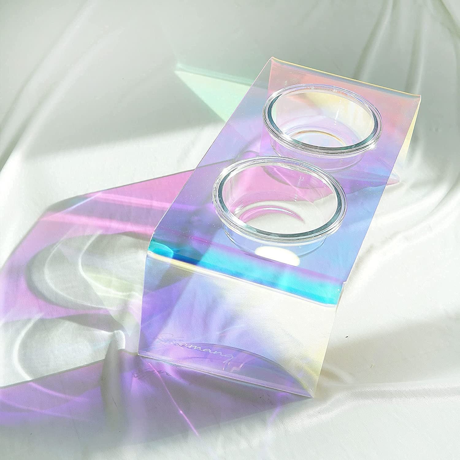 HKM-175507 Acrylic Rainbow Pet Feeder Bowl for Cats and Small Dogs, Dazzling Design, Anti-Slip Base