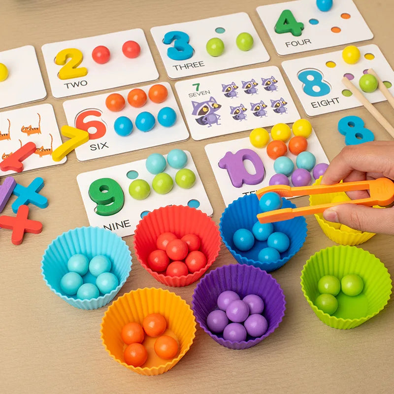 HKM-176147 Wooden Numeral Cognitive Arithmetic Puzzle and Bead Matching Educational Toy for Ages 2 and Up