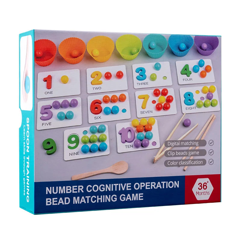 HKM-176147 Wooden Numeral Cognitive Arithmetic Puzzle and Bead Matching Educational Toy for Ages 2 and Up