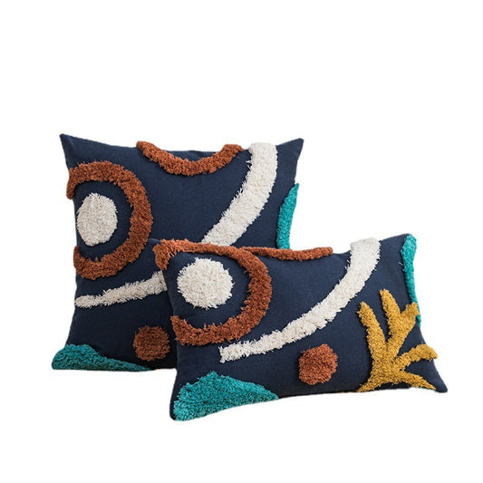 HKM-177107 Mediterranean Style Tufted Canvas Pillow Cover with Blue Background and Round Leaf Design, 45x45cm and 30x50cm Sizes, Coreless