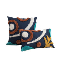 HKM-177107 Mediterranean Style Tufted Canvas Pillow Cover with Blue Background and Round Leaf Design, 45x45cm and 30x50cm Sizes, Coreless