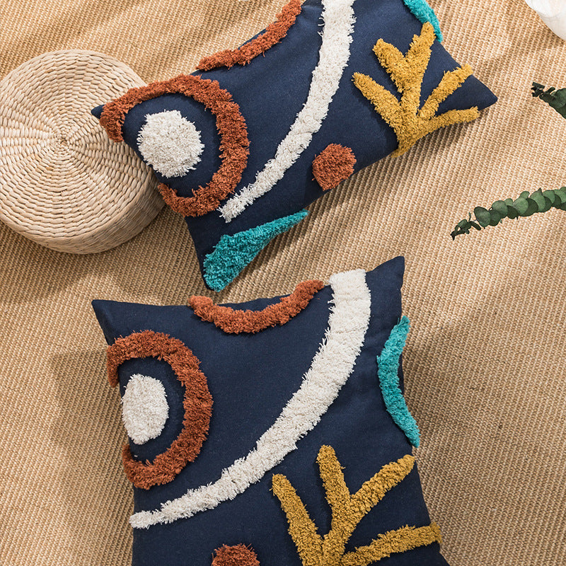 HKM-177107 Mediterranean Style Tufted Canvas Pillow Cover with Blue Background and Round Leaf Design, 45x45cm and 30x50cm Sizes, Coreless