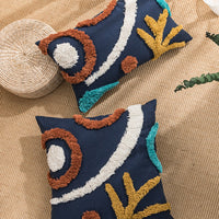 HKM-177107 Mediterranean Style Tufted Canvas Pillow Cover with Blue Background and Round Leaf Design, 45x45cm and 30x50cm Sizes, Coreless