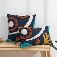 HKM-177107 Mediterranean Style Tufted Canvas Pillow Cover with Blue Background and Round Leaf Design, 45x45cm and 30x50cm Sizes, Coreless