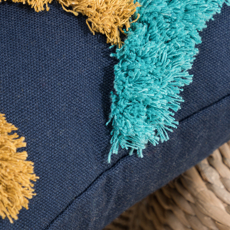 HKM-177107 Mediterranean Style Tufted Canvas Pillow Cover with Blue Background and Round Leaf Design, 45x45cm and 30x50cm Sizes, Coreless