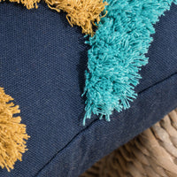 HKM-177107 Mediterranean Style Tufted Canvas Pillow Cover with Blue Background and Round Leaf Design, 45x45cm and 30x50cm Sizes, Coreless