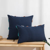 HKM-177107 Mediterranean Style Tufted Canvas Pillow Cover with Blue Background and Round Leaf Design, 45x45cm and 30x50cm Sizes, Coreless