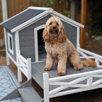 HKM-177299 Grey Dog House with Porch for Small to Medium Breeds, Weatherproof Wood Construction