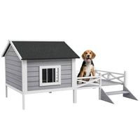HKM-177299 Grey Dog House with Porch for Small to Medium Breeds, Weatherproof Wood Construction
