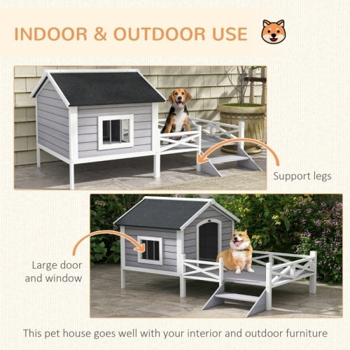 HKM-177299 Grey Dog House with Porch for Small to Medium Breeds, Weatherproof Wood Construction