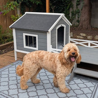 HKM-177299 Grey Dog House with Porch for Small to Medium Breeds, Weatherproof Wood Construction