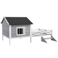 HKM-177299 Grey Dog House with Porch for Small to Medium Breeds, Weatherproof Wood Construction