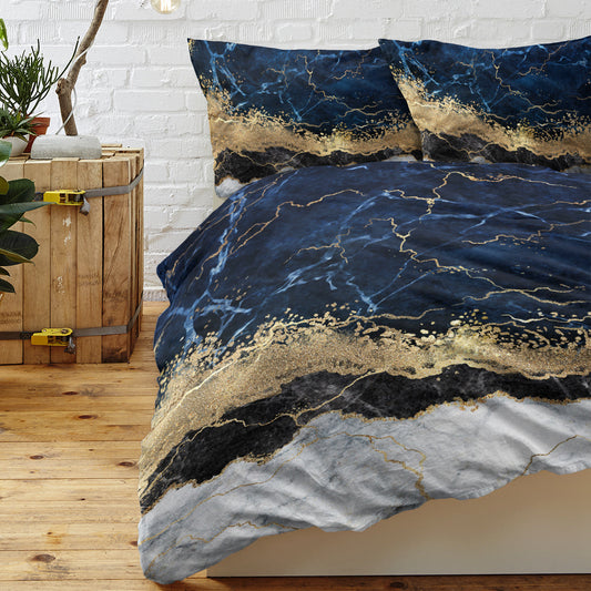HKM-177619 Chic White Marble and Navy Blue Duvet Cover Set with Pillowcases - Soft Microfiber, Breathable Design