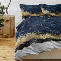 HKM-177619 Chic White Marble and Navy Blue Duvet Cover Set with Pillowcases - Soft Microfiber, Breathable Design