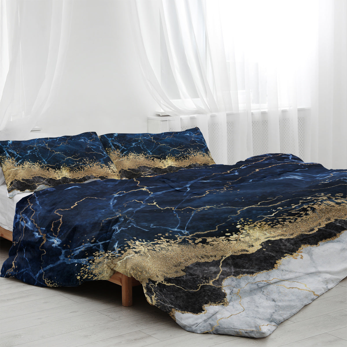 HKM-177619 Chic White Marble and Navy Blue Duvet Cover Set with Pillowcases - Soft Microfiber, Breathable Design